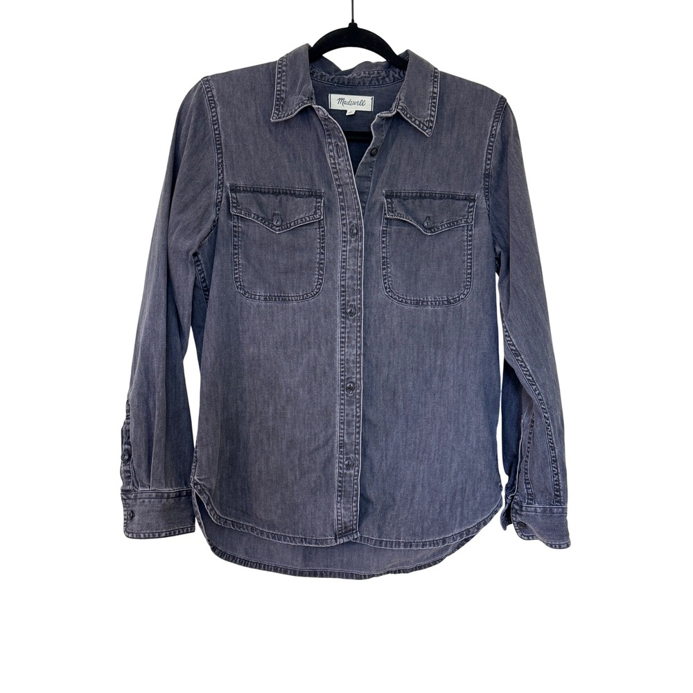 Madewell Womens Small Faded Black Denim Button Down Shirt Long Sleeve Cotton Top